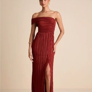 NWT Poised Performance Rust Red Plisse One-Shoulder Maxi Dress